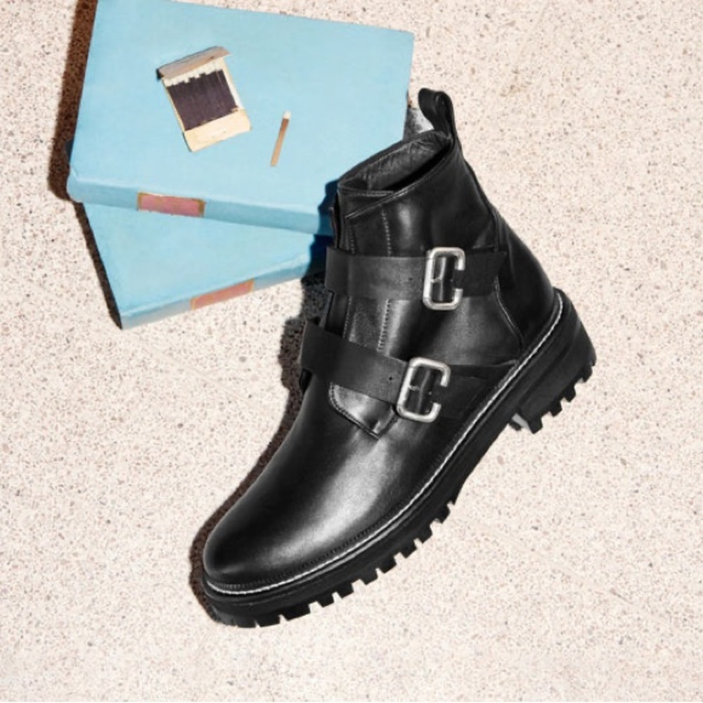 Freda Salvador “Athena” Black Leather Buckle Ankle Boots